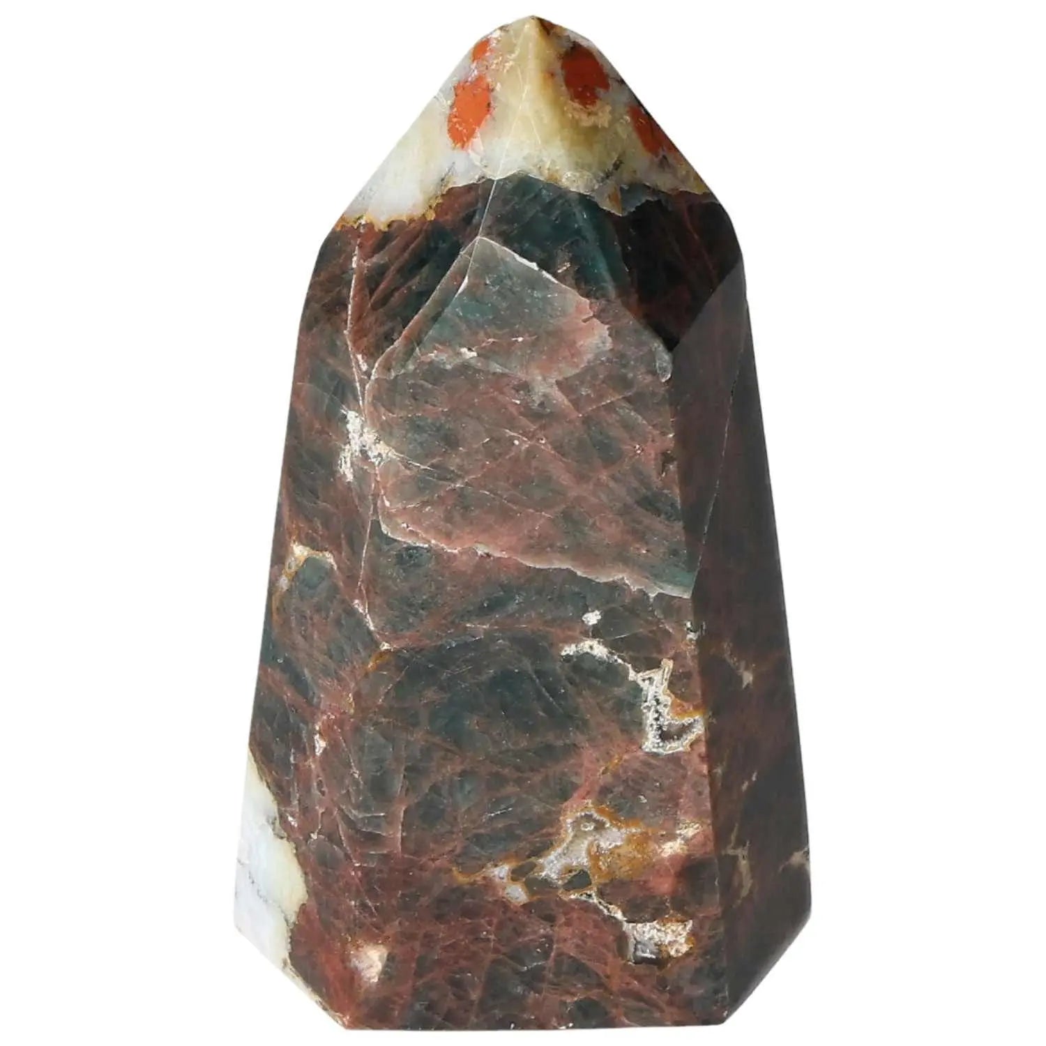 Polished apatite obelisk with deep blue and orange hues by Sylvia Crystals, ideal for decoration or spiritual energy enhancement.