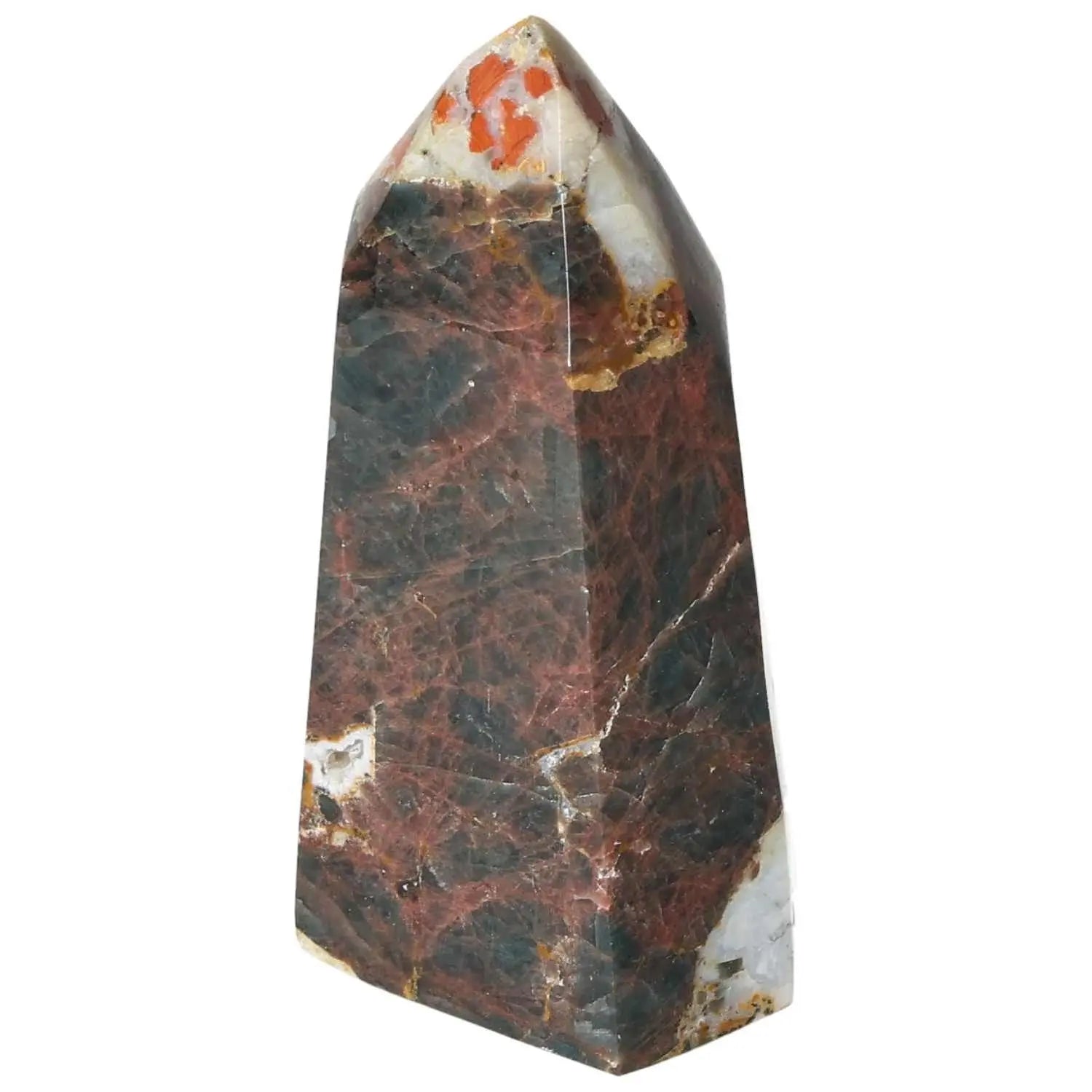Polished apatite obelisk with vibrant colors, crafted by Sylvia Crystals, ideal for decor and enhancing spiritual practice.
