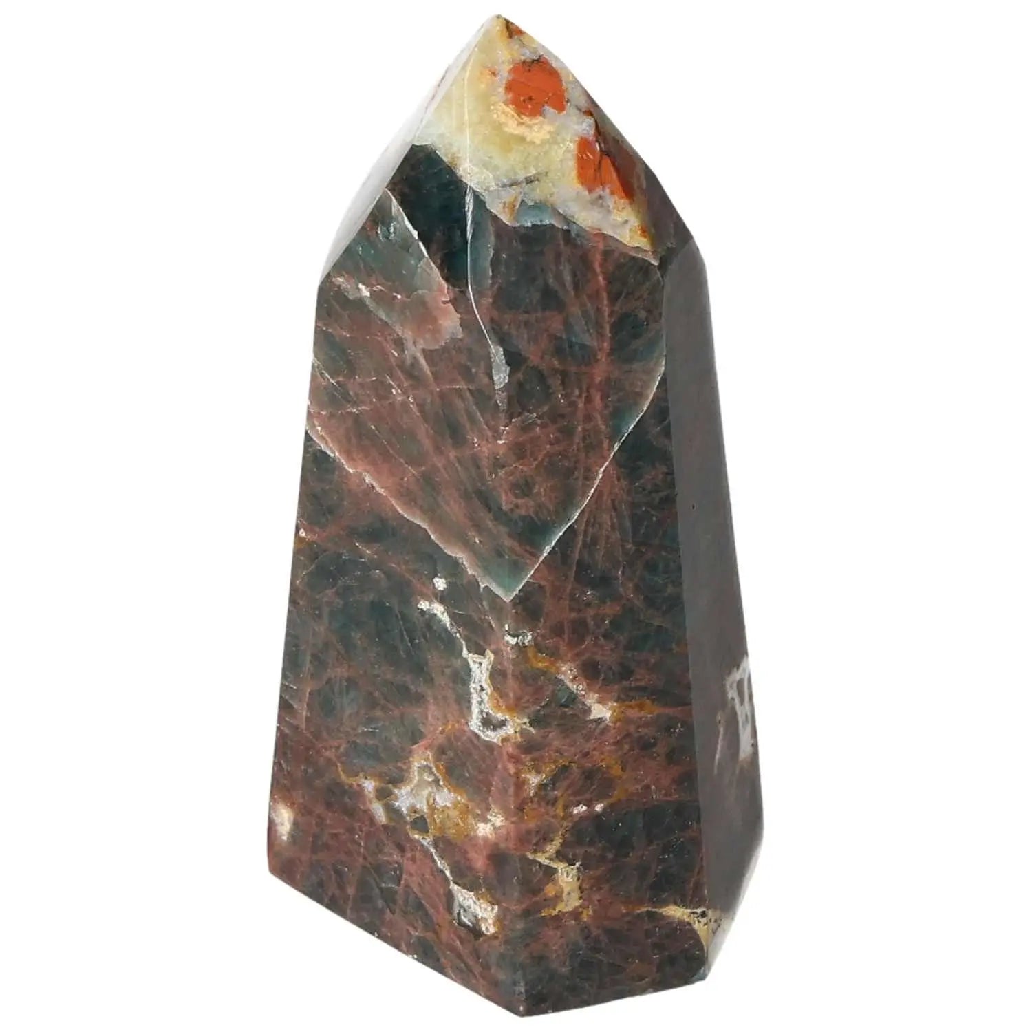 Brown and orange gemstone obelisk with natural patterns showcasing exquisite craftsmanship, ideal for decor and healing energy practices.