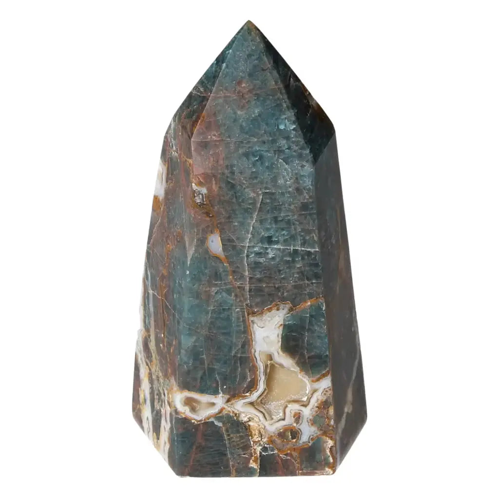 Apatite Obelisk from Sylvia Crystals, showcasing premium craftsmanship and spiritual growth symbolism.