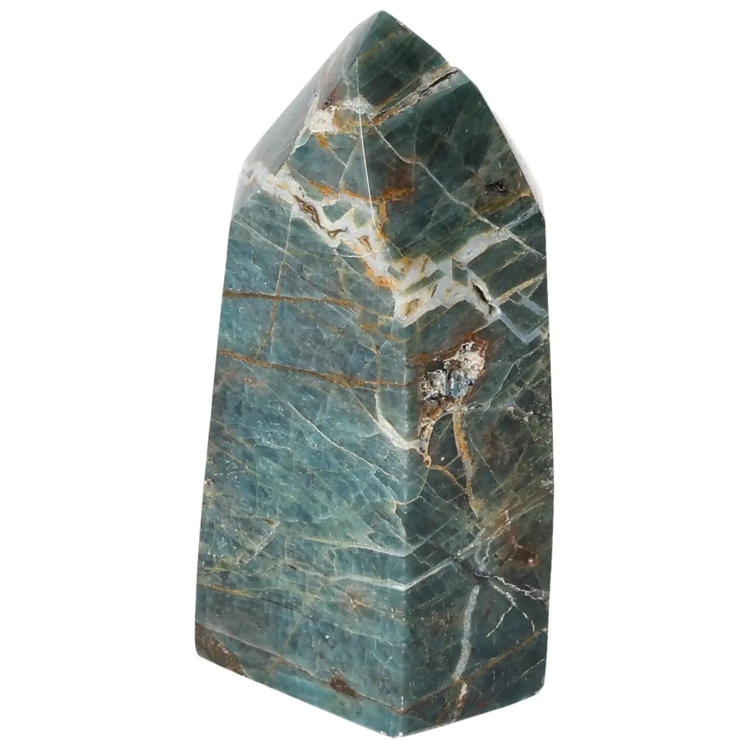 Apatite Obelisk from Sylvia Crystals, showcasing vibrant hues and exquisite craftsmanship for luxury and spiritual enhancement.