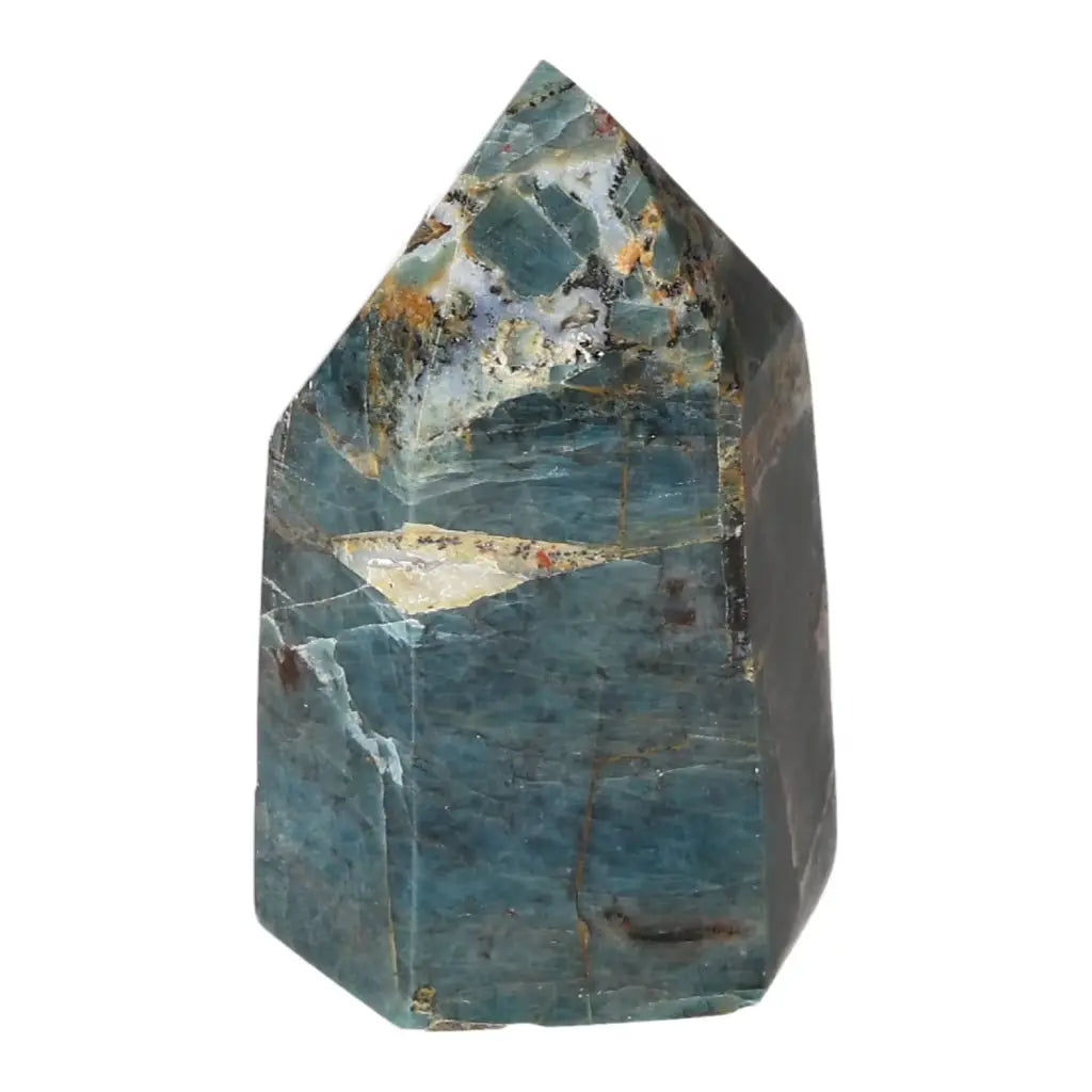 Blue Apatite Obelisk from Sylvia Crystals, symbolizing harmony and spiritual enlightenment, with striking hues and vibrant energy.