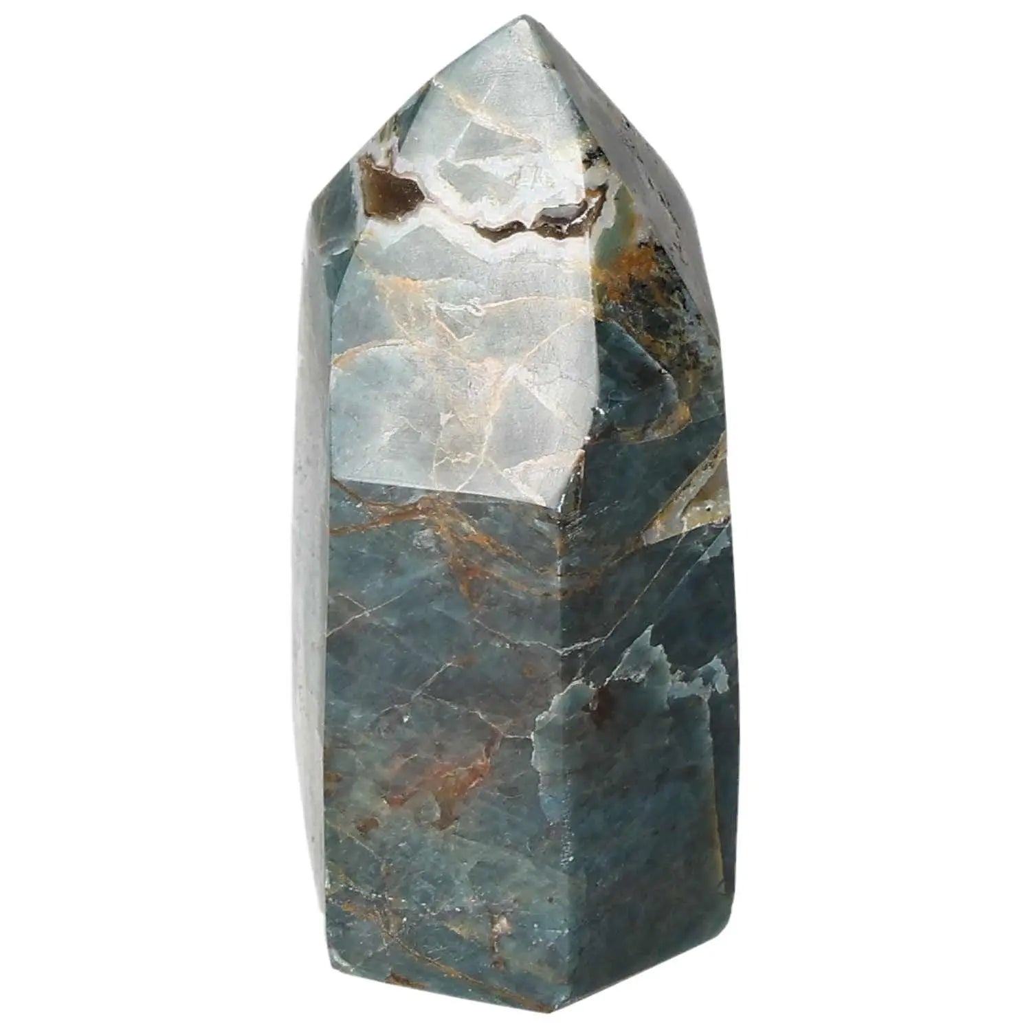 Blue Apatite Obelisk by Sylvia Crystals, a symbol of harmony and spiritual enlightenment, showcasing vibrant blue hues and energy.