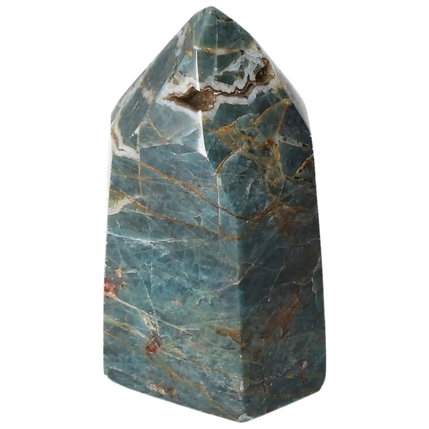 Apatite Obelisk from Sylvia Crystals showcasing blue hues symbolizing harmony and spiritual enlightenment, featured on white background.
