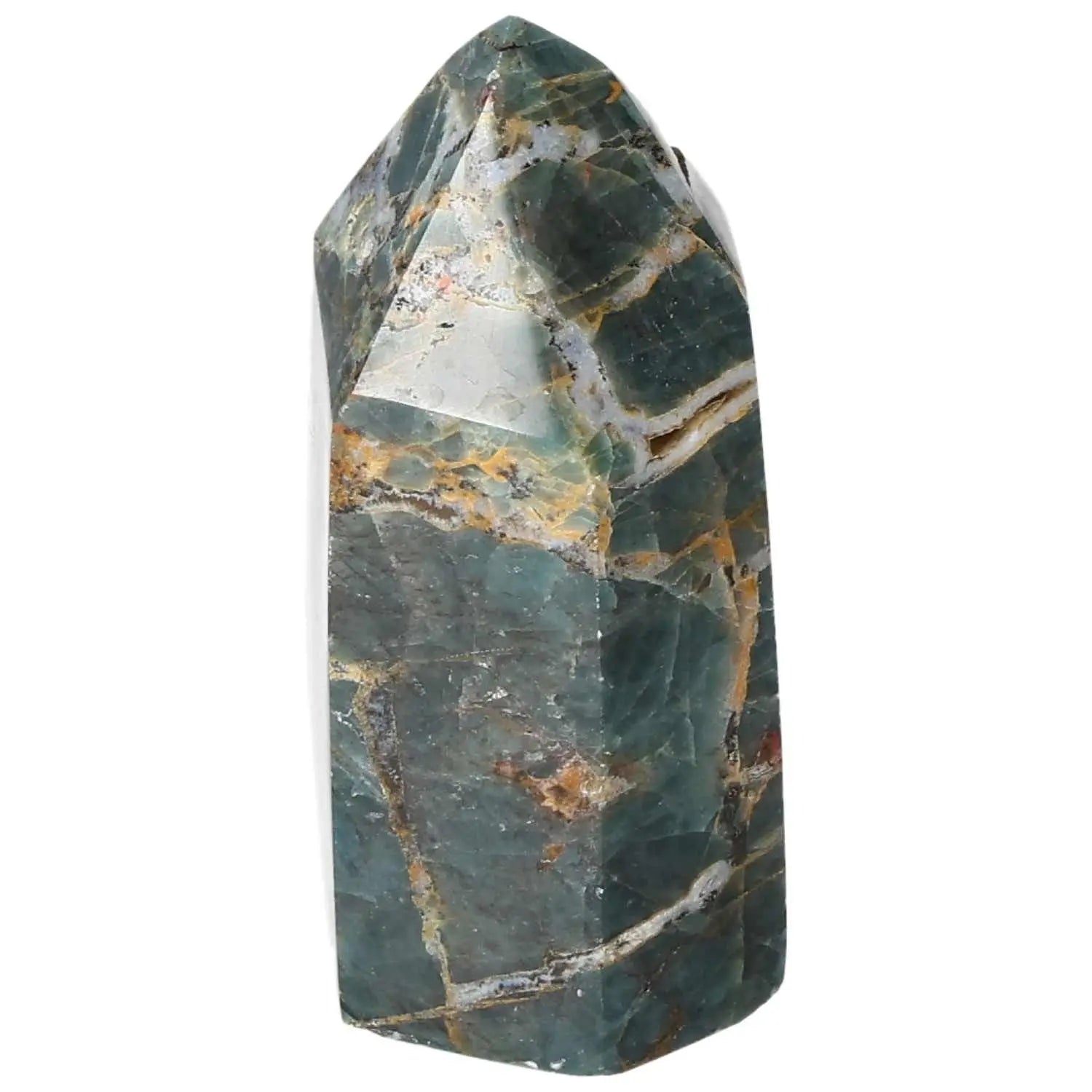 Apatite Obelisk from Sylvia Crystals showcasing deep blue hues and intricate patterns, symbolizing spiritual harmony and enlightenment.