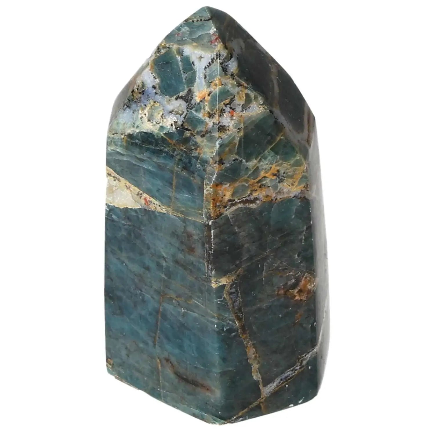 Apatite Obelisk by Sylvia Crystals, featuring striking blue hues and a polished surface, symbolizing harmony and spiritual enlightenment.