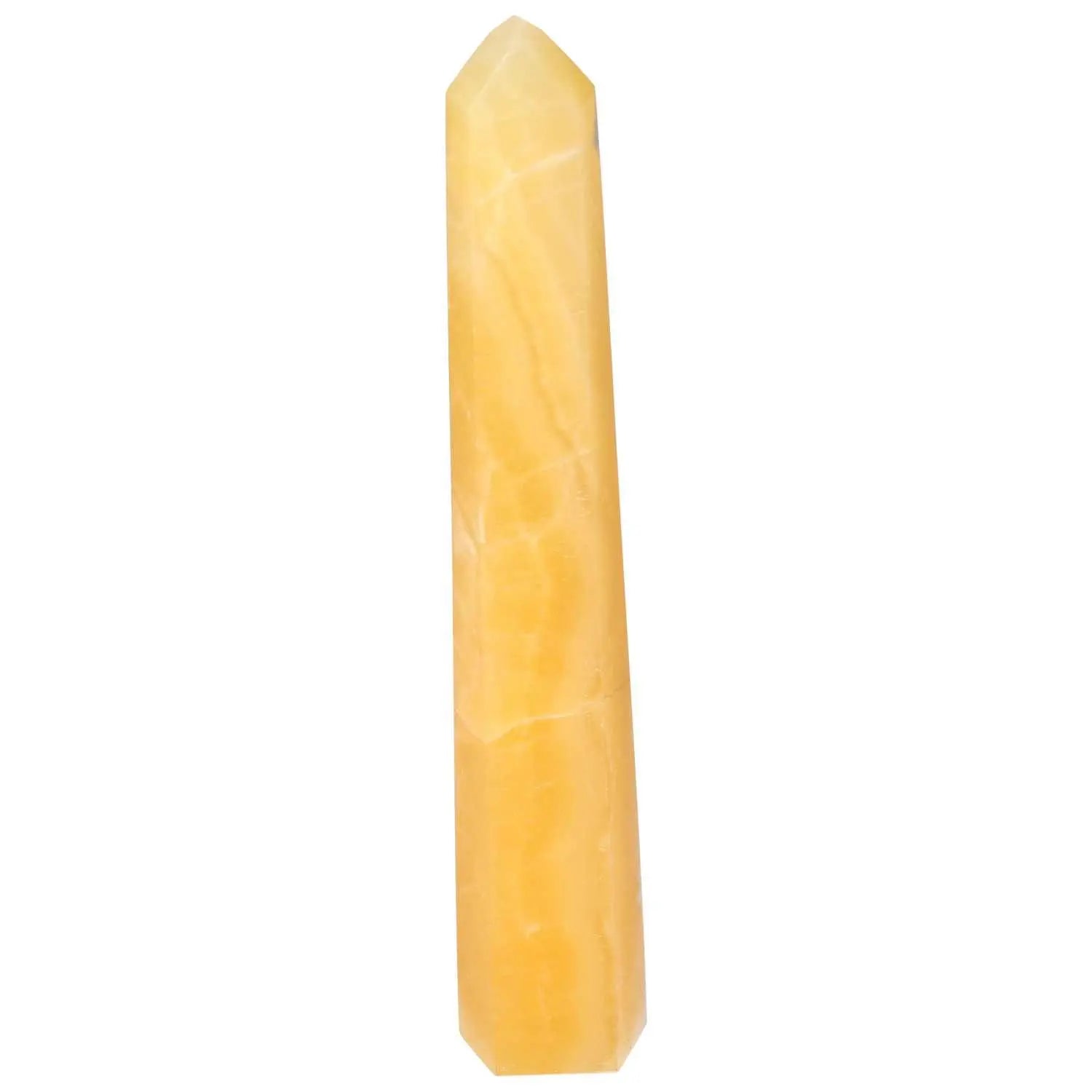 Mexican Calcite Obelisk from Sylvia Crystals, ideal for enhancing motivation and personal growth. Elegant, energizing crystal display piece.
