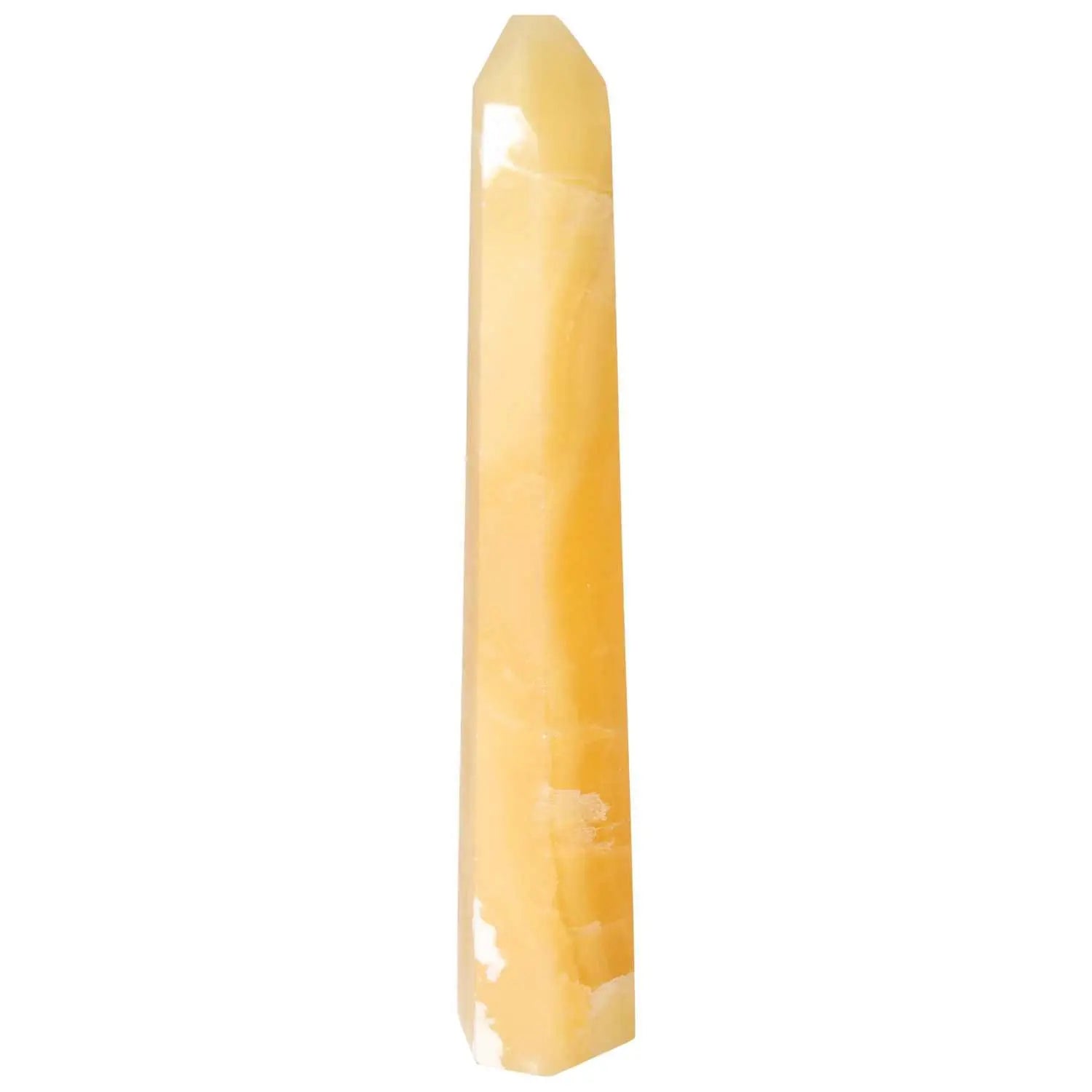 Mexican Calcite Obelisk from Sylvia Crystals, known for enhancing motivation and prosperity. Light orange, polished surface.