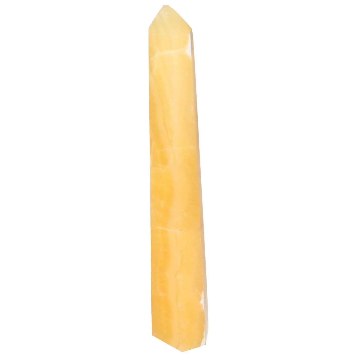 Mexican Calcite Obelisk from Sylvia Crystals, enhancing motivation and personal growth. Elegant yellow crystal centerpiece.