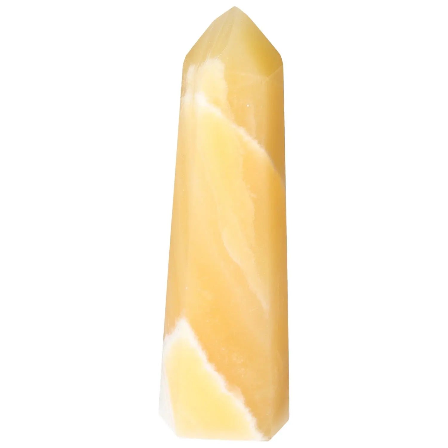 Yellow Mexican Calcite Obelisk for enhancing self-confidence and motivation, offered by Sylvia Crystals.