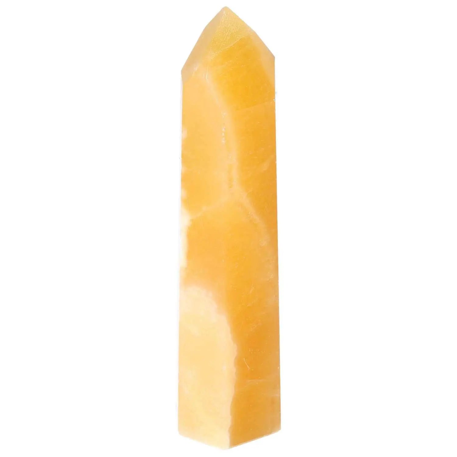 Elegant Mexican Calcite Obelisk from Sylvia Crystals, known for enhancing self-confidence and personal growth, with positive vibrations.