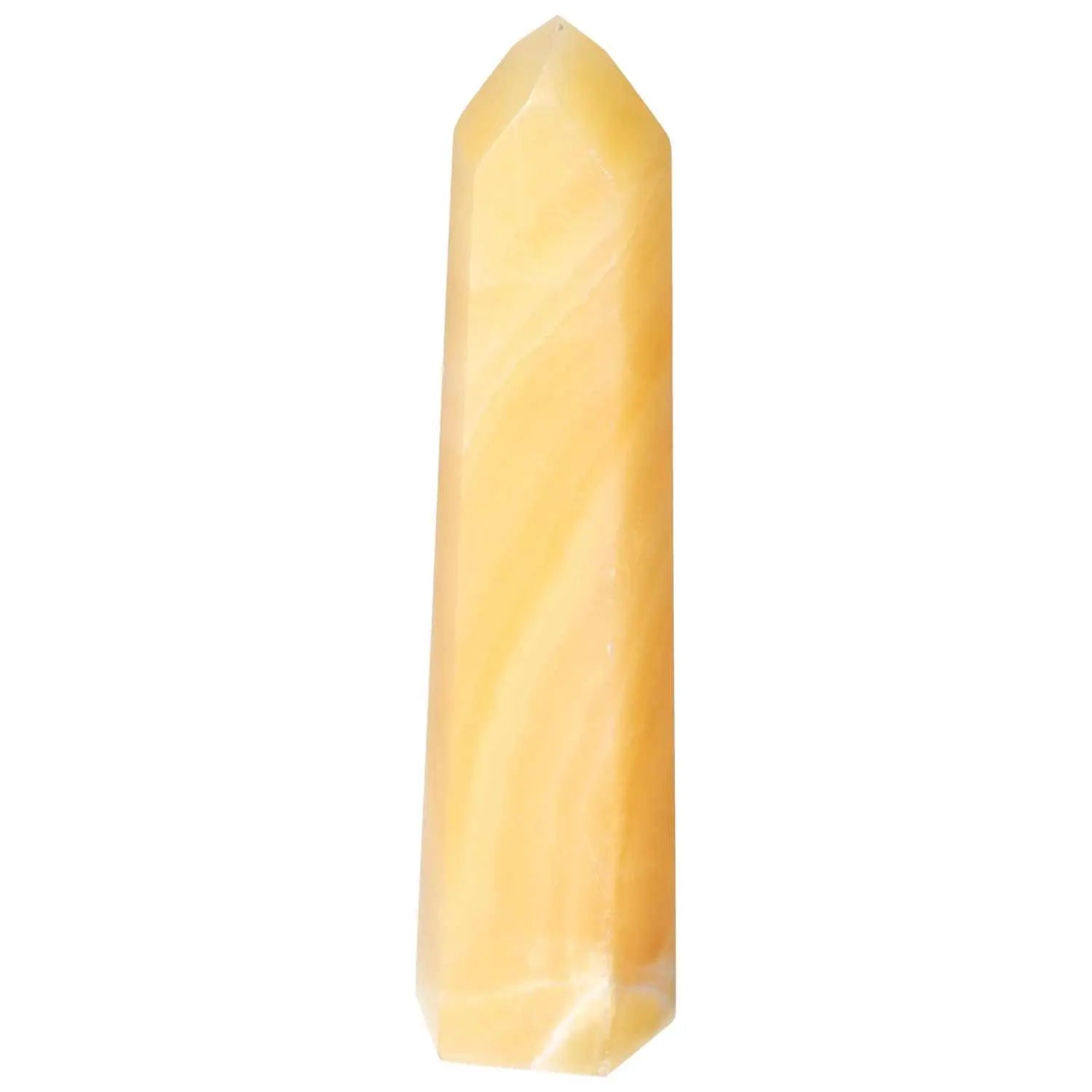 Mexican Calcite Obelisk crystal from Sylvia Crystals, known for boosting motivation and memory, featuring elegant handpicked design.