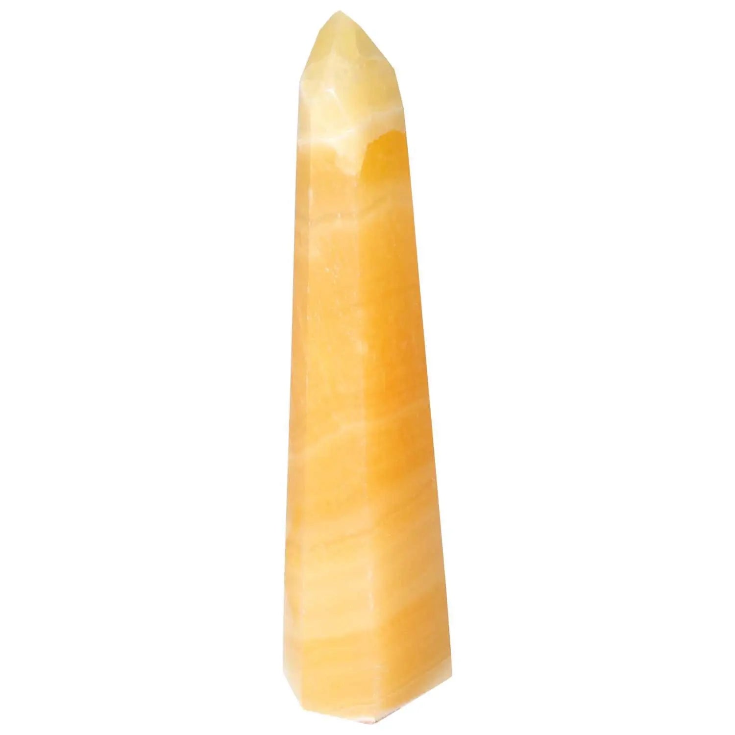 Mexican Calcite Obelisk from Sylvia Crystals, known for enhancing self-confidence and motivation, spiritual energy stone.