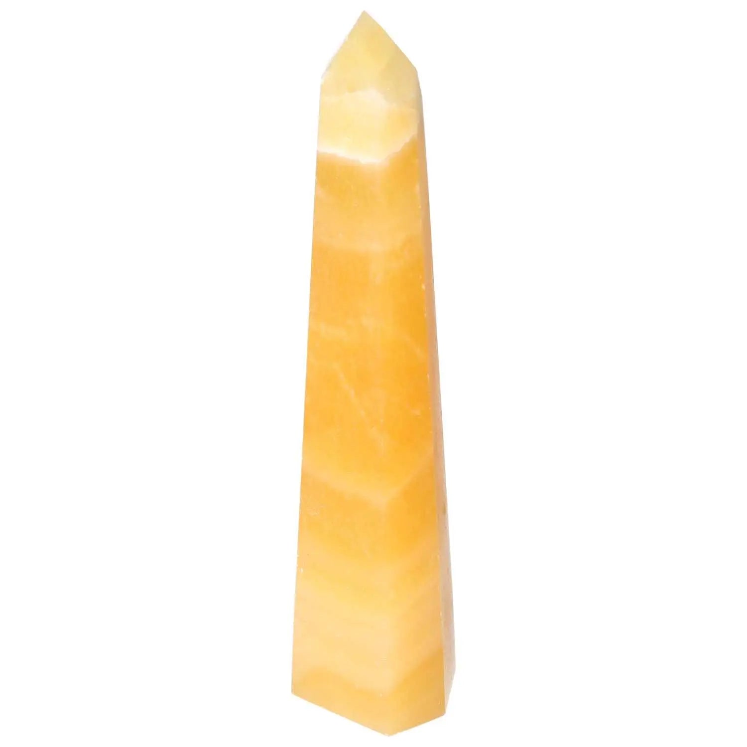 Mexican Calcite Obelisk by Sylvia Crystals, enhancing self-confidence and spiritual energy in a luxurious design.