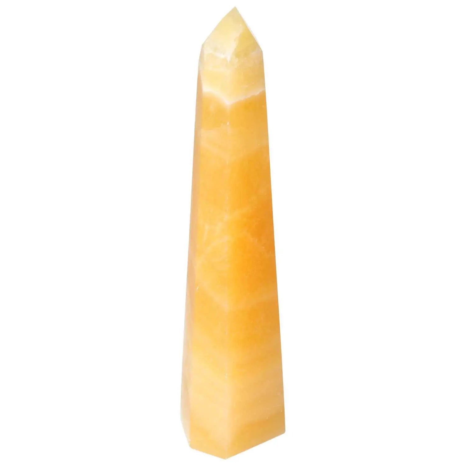 Mexican Calcite Obelisk by Sylvia Crystals, enhances self-confidence and motivation, premium crystal for spiritual energy and transformation.