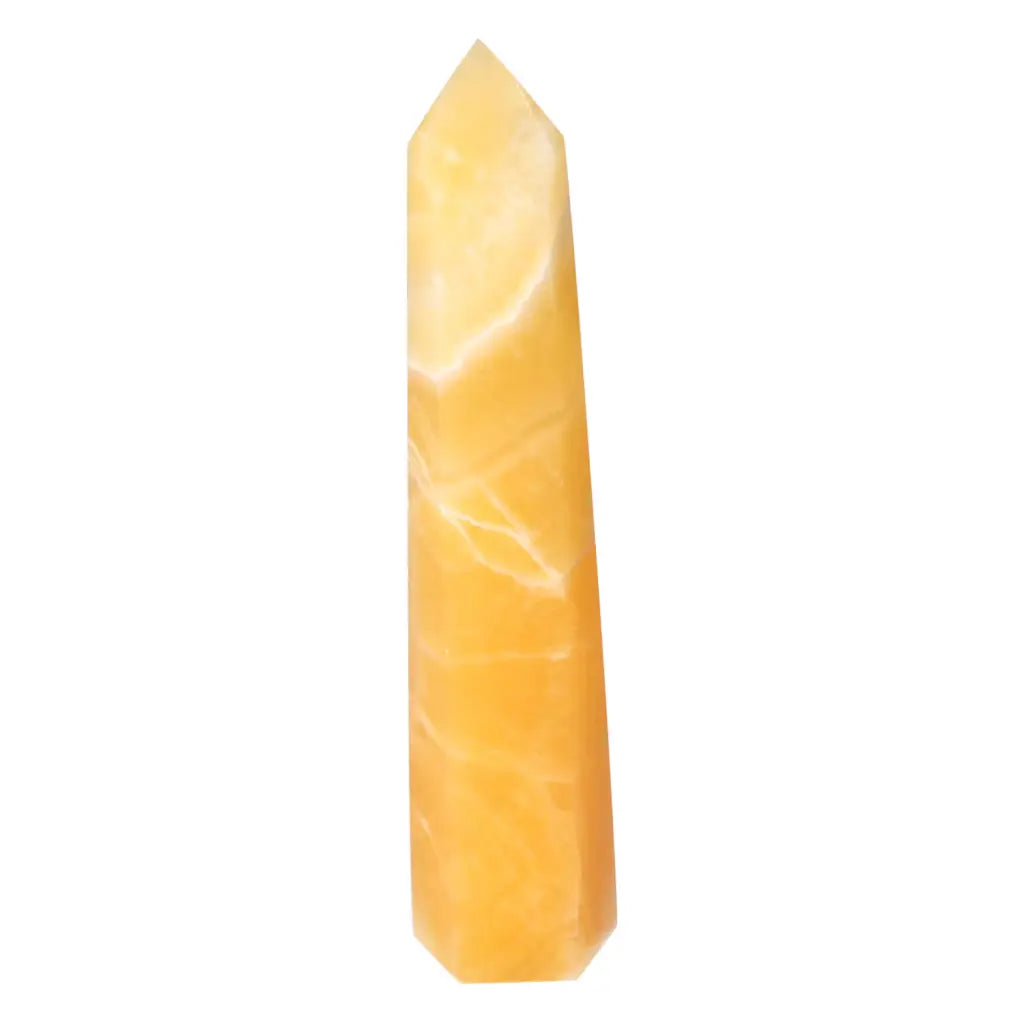 Mexican Calcite Obelisk from Sylvia Crystals, enhancing positive energy and transformation with elegant design and unique properties.