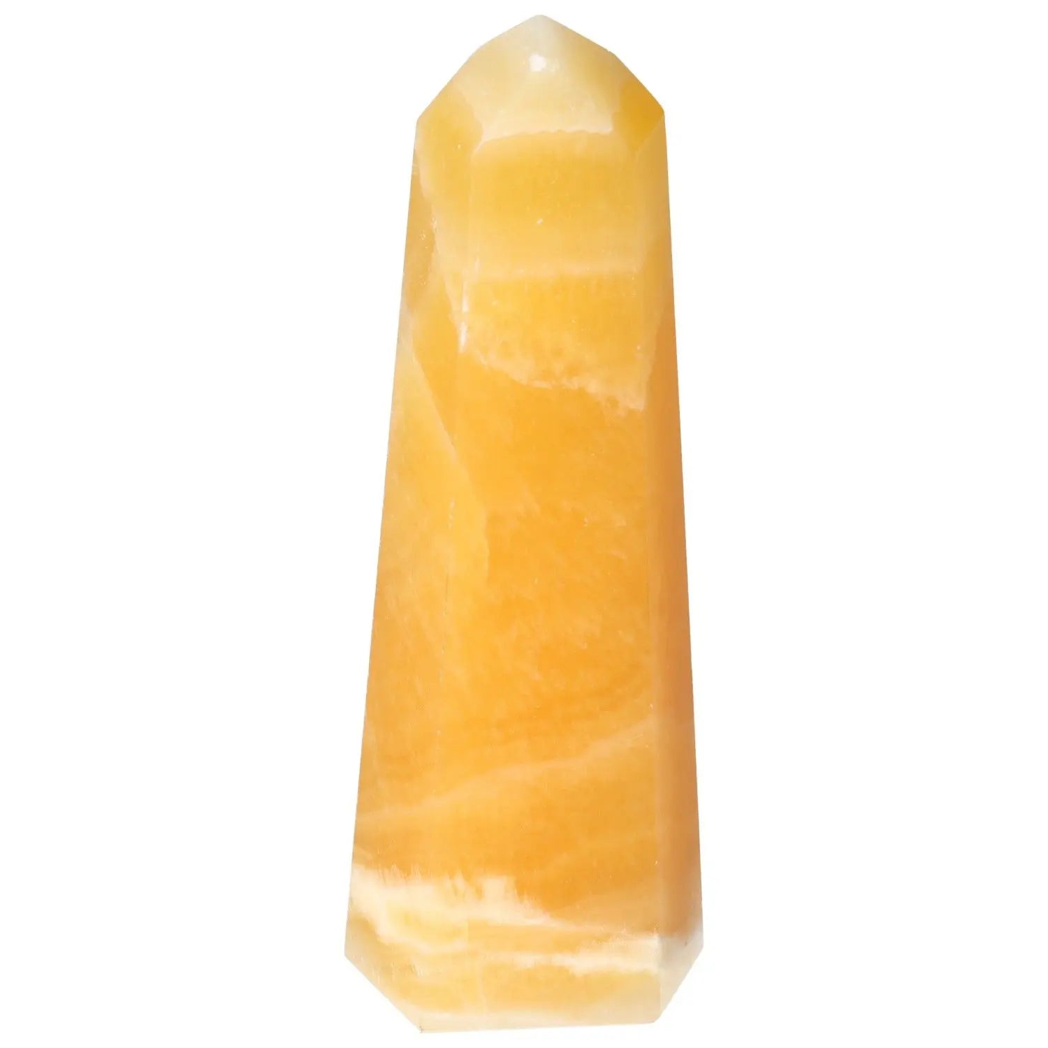 Mexican Calcite Obelisk with vibrant yellow hues, a premium piece by Sylvia Crystals, known for enhancing positivity and self-confidence.