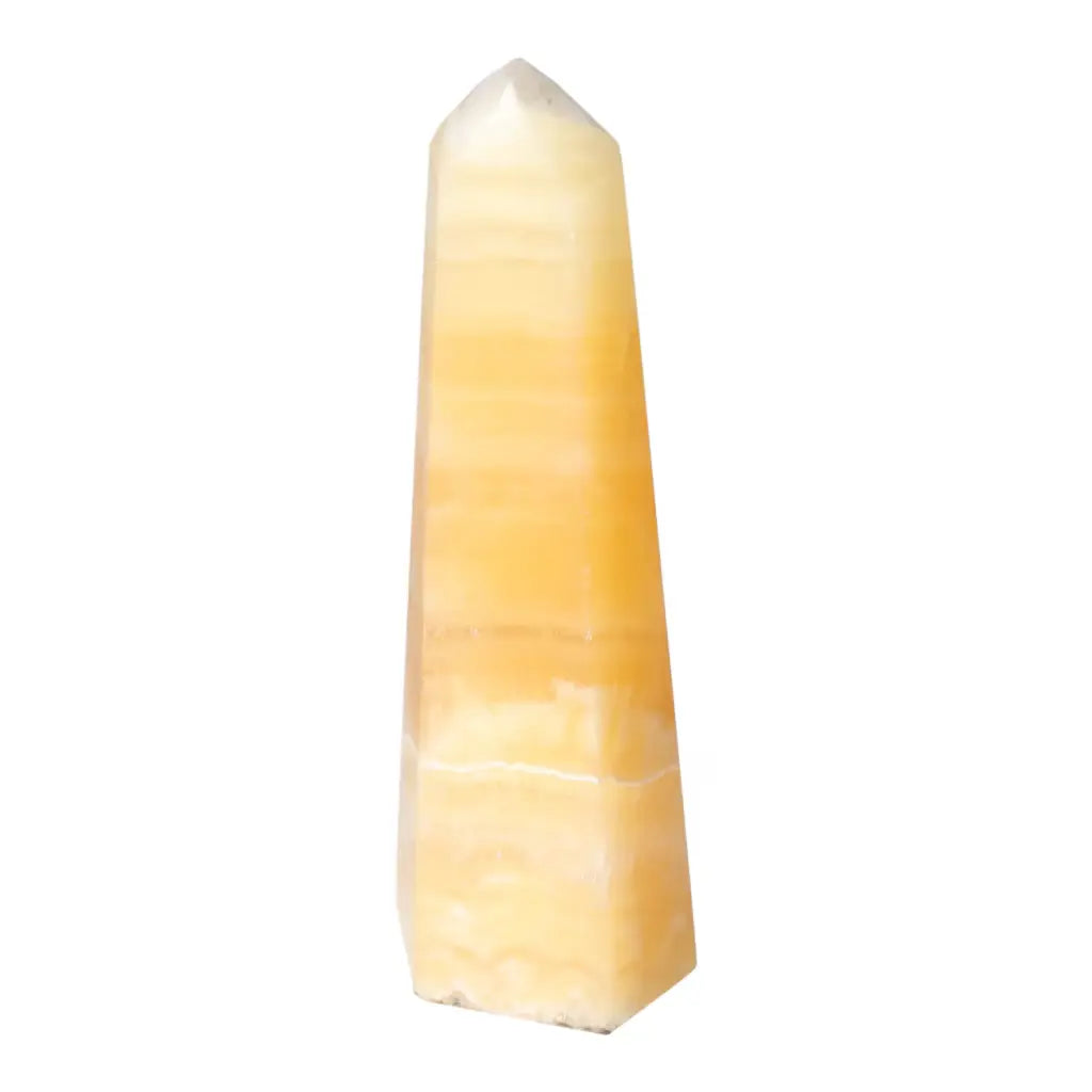 Mexican Calcite Obelisk from Sylvia Crystals, premium quality decor piece enhancing self-confidence and motivation.
