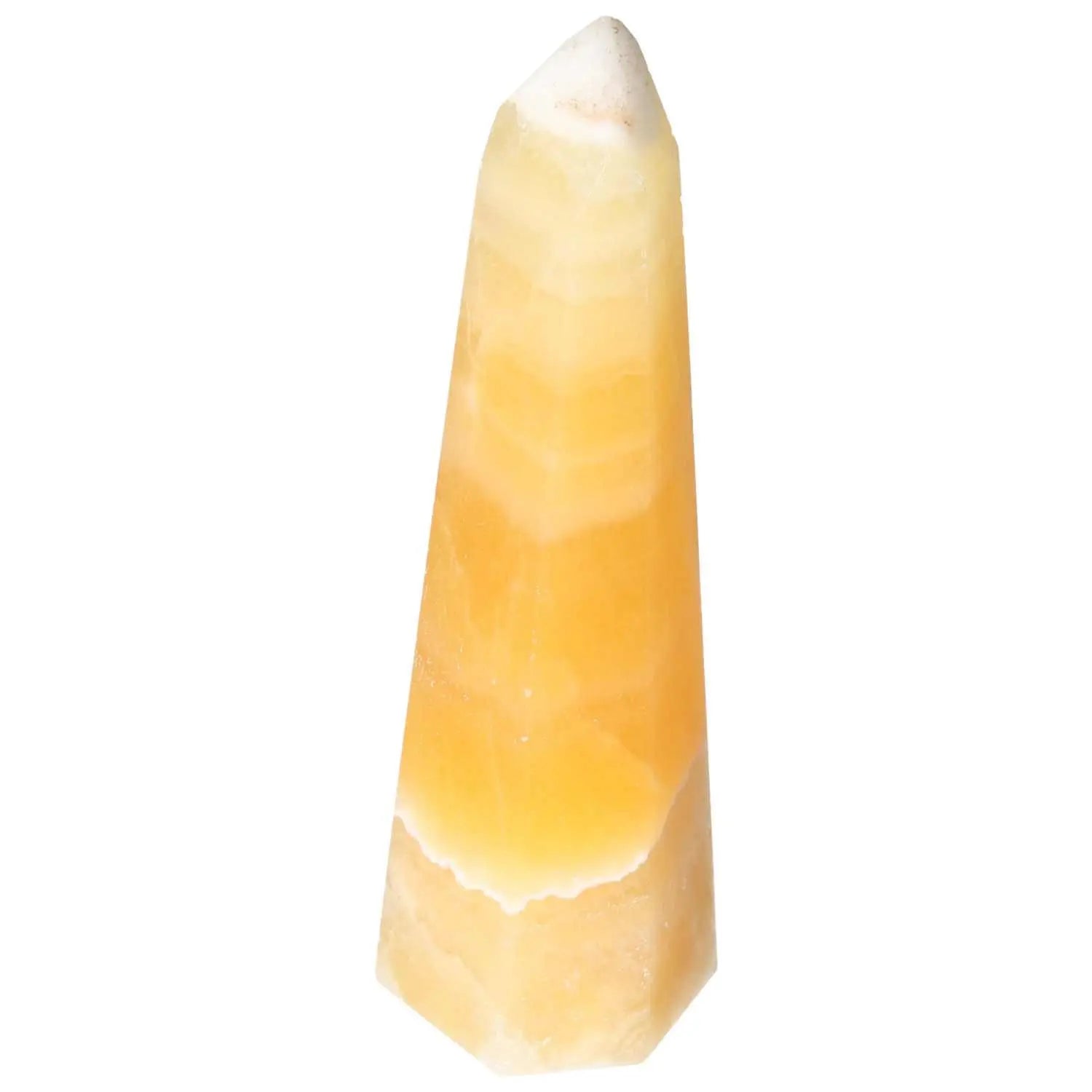 Mexican Calcite Obelisk by Sylvia Crystals, premium decor boosting self-confidence with striking yellow hues for personal transformation.