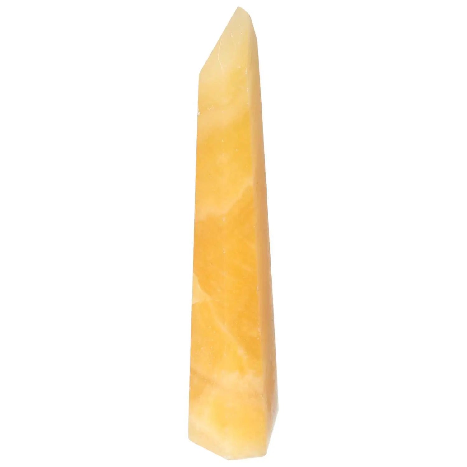Mexican Calcite Obelisk by Sylvia Crystals, a vibrant yellow crystal symbolizing transformation and growth.