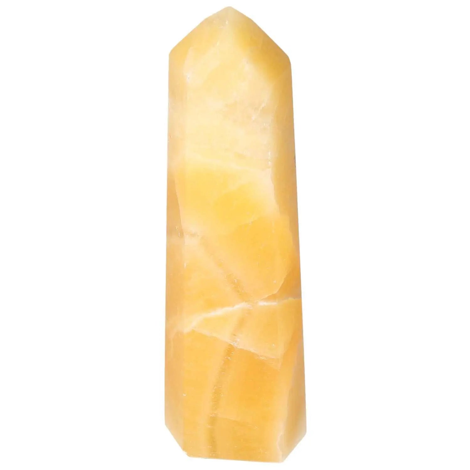 Mexican Calcite Obelisk by Sylvia Crystals, enhancing self-confidence and personal growth, spiritual decorative piece.