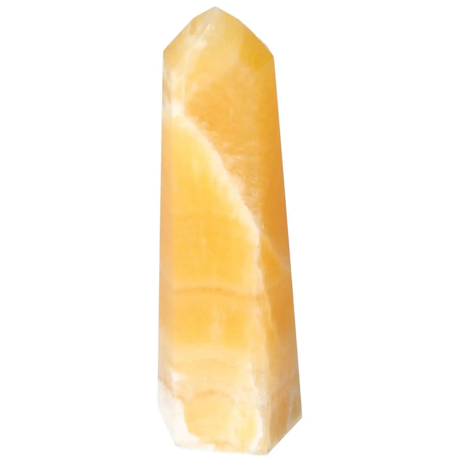 Elegant Mexican Calcite Obelisk from Sylvia Crystals, enhances aesthetics and spiritual well-being, promoting confidence and focus.