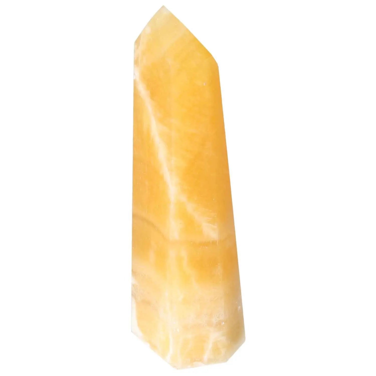 Mexican Calcite Obelisk from Sylvia Crystals, showcasing its luxurious, polished surface ideal for enhancing self-confidence and decor.