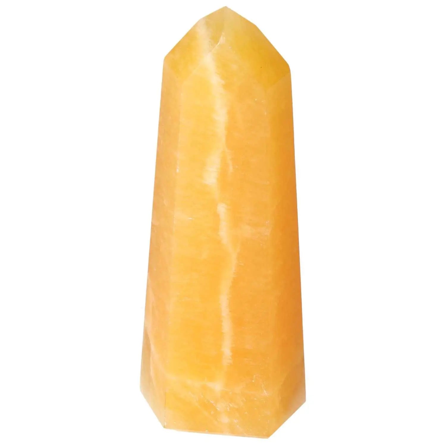 Mexican Calcite Obelisk from Sylvia Crystals, enhances confidence and motivation, premium handpicked quality, uplifting energy.
