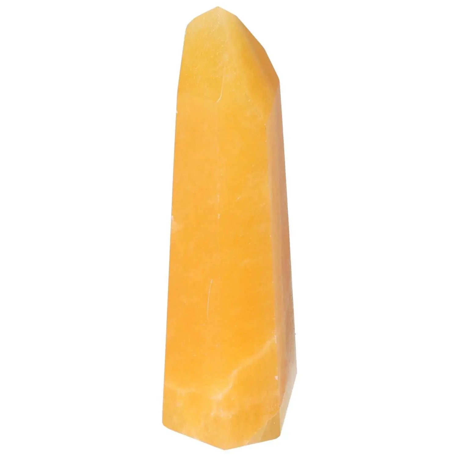 Mexican Calcite Obelisk by Sylvia Crystals; enhances confidence and motivation, perfect for personal and professional growth.
