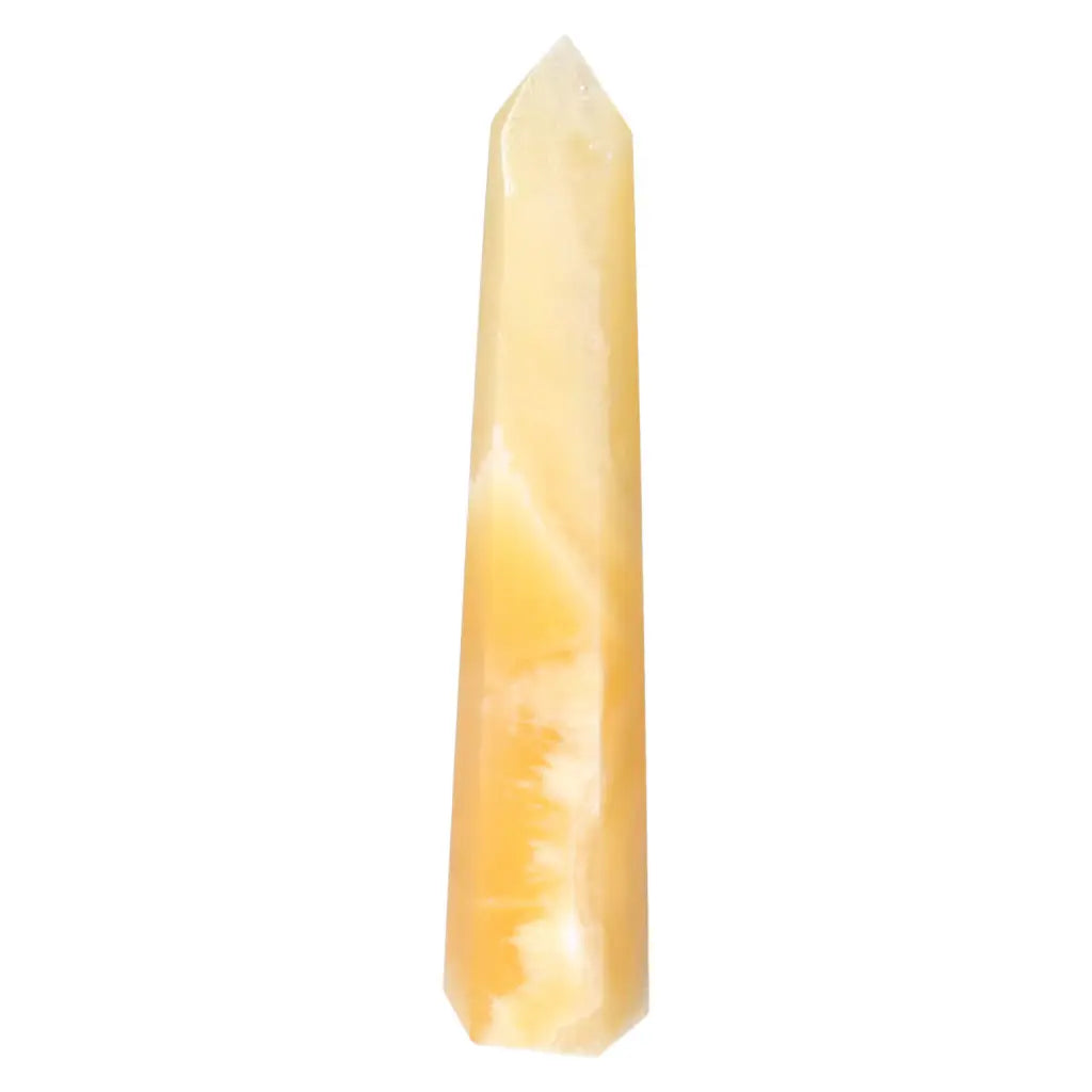Mexican Calcite Obelisk by Sylvia Crystals, enhances self-confidence and energy, ideal for personal and professional growth.