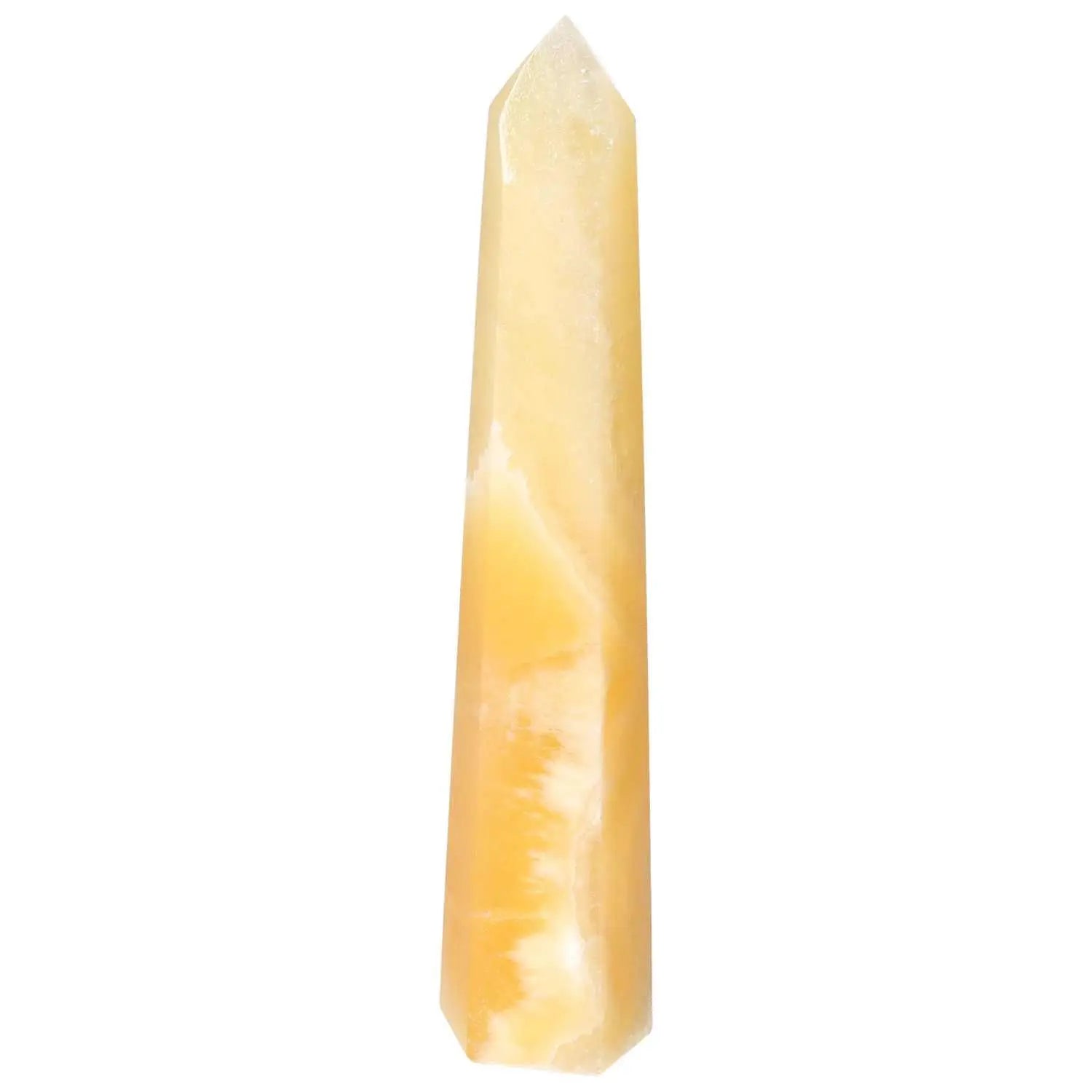 Mexican Calcite Obelisk from Sylvia Crystals, ideal for enhancing self-confidence and energy, perfect for spiritual growth.