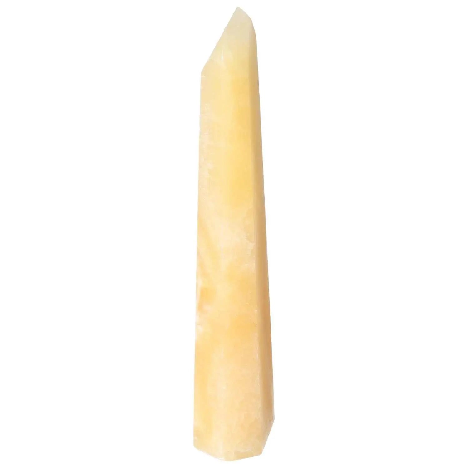 Mexican Calcite Obelisk from Sylvia Crystals, vibrant yellow hue, promotes self-confidence and spiritual growth, luxury home decor piece.