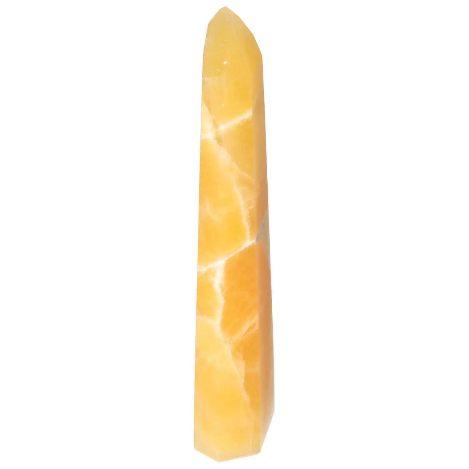 Mexican Calcite Obelisk from Sylvia Crystals, a luminous stone promoting positive energy, self-confidence, and motivation.