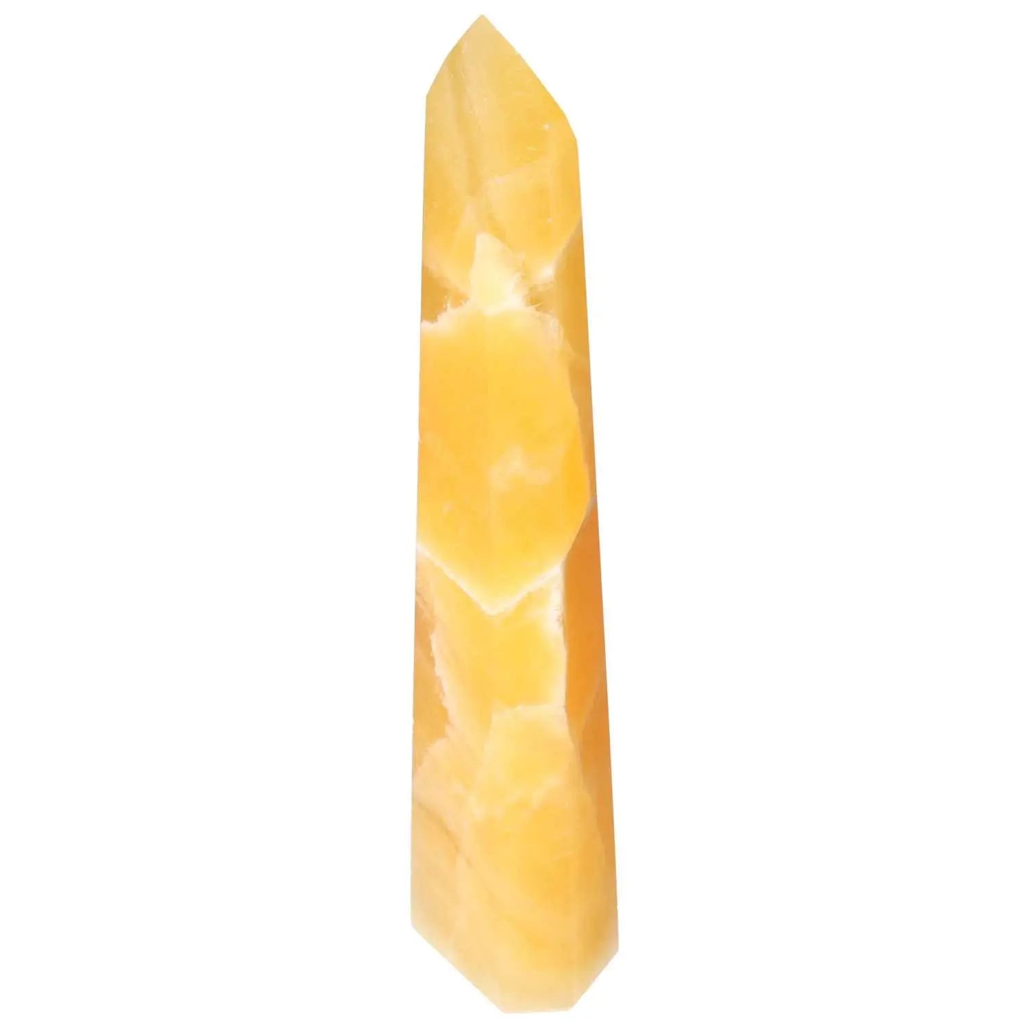 Mexican Calcite Obelisk for positive energy and spiritual growth by Sylvia Crystals, enhancing motivation and prosperity.