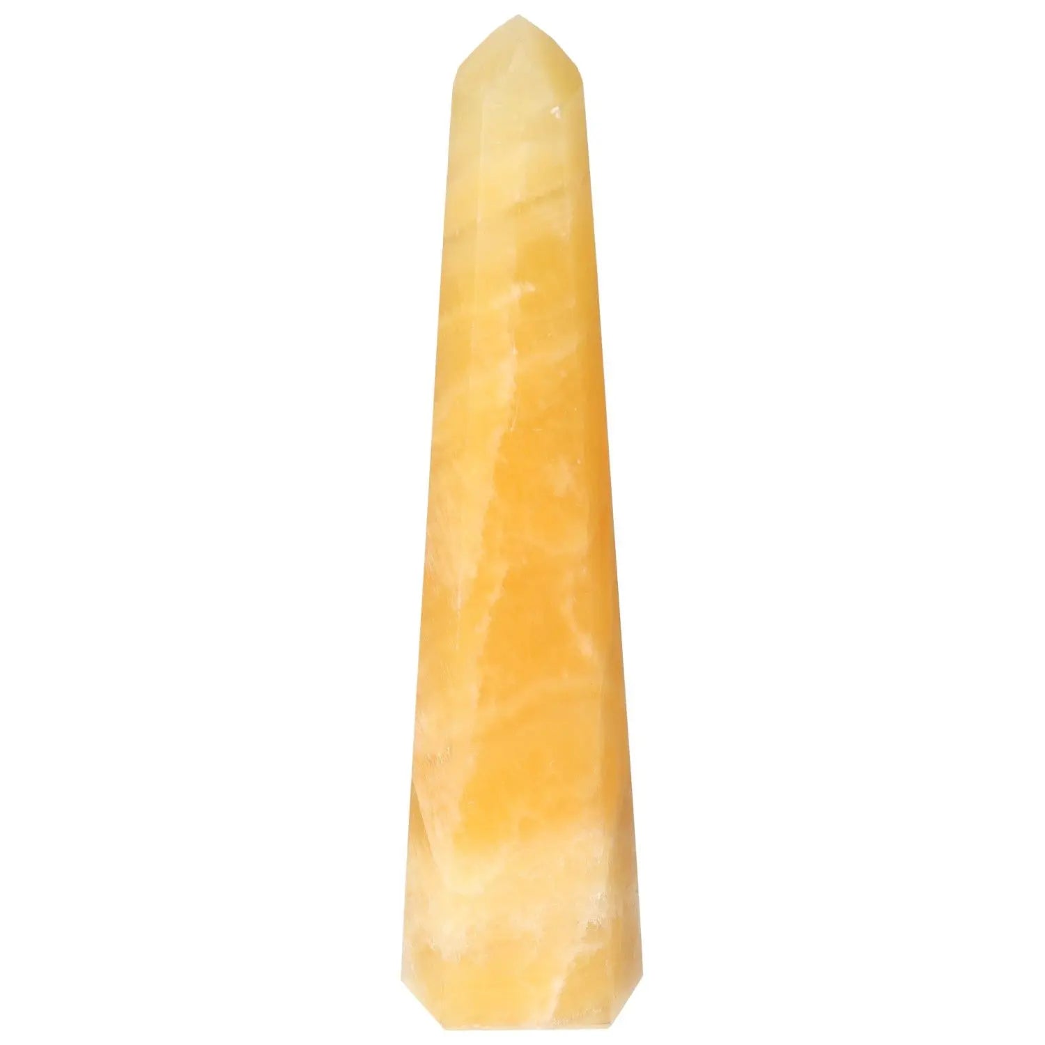 Elegant Mexican Calcite Obelisk from Sylvia Crystals, enhances self-confidence and motivation, premium handcrafted crystal decor.