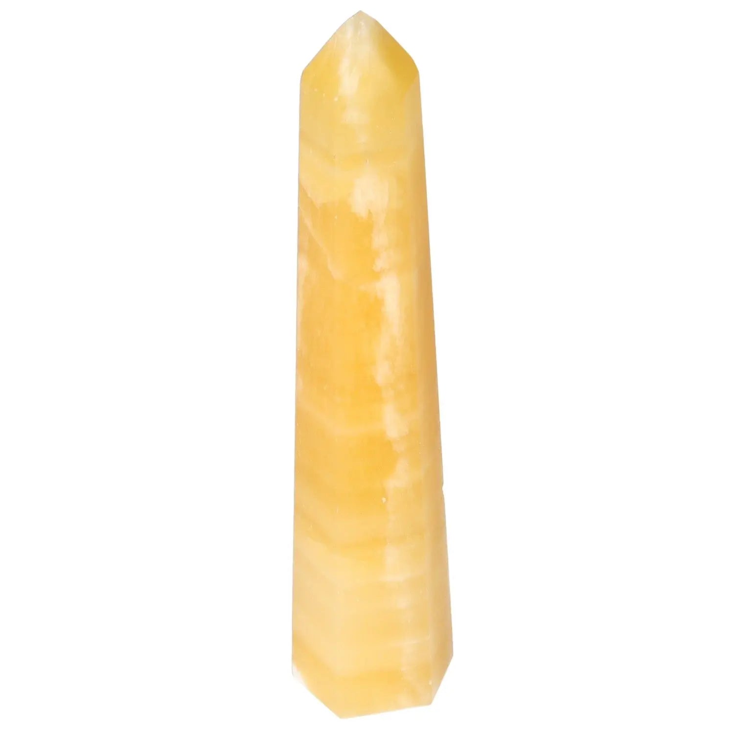 Mexican Calcite Obelisk from Sylvia Crystals, enhancing self-confidence and personal development with spiritual empowerment attributes.