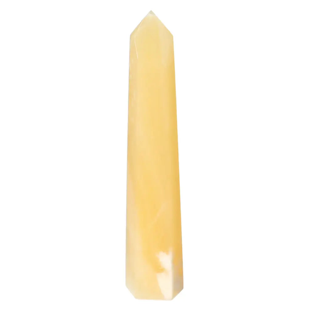 Mexican Calcite Obelisk from Sylvia Crystals, a decorative piece for personal growth and abundance, enhancing self-confidence and motivation.