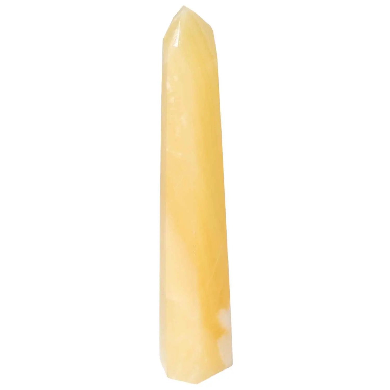 Mexican Calcite Obelisk from Sylvia Crystals, enhances self-confidence and motivation, perfect for decor and personal growth.