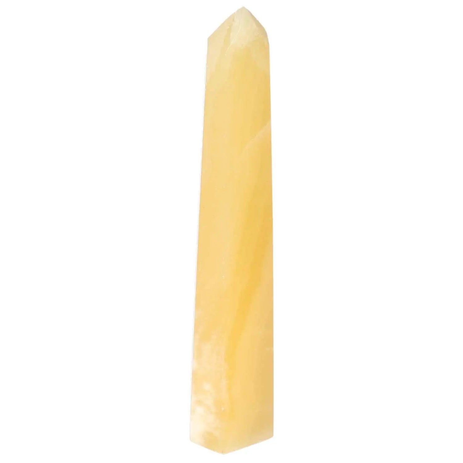 Elegant Mexican Calcite Obelisk from Sylvia Crystals, a powerful symbol for personal growth and abundance, boosting confidence and motivation.