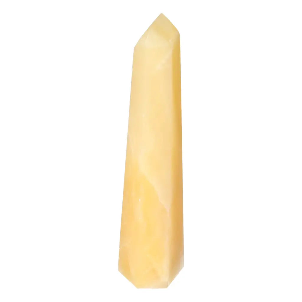 Mexican Calcite Obelisk from Sylvia Crystals, enhances space with elegance and spiritual energy, boosts confidence and motivation.