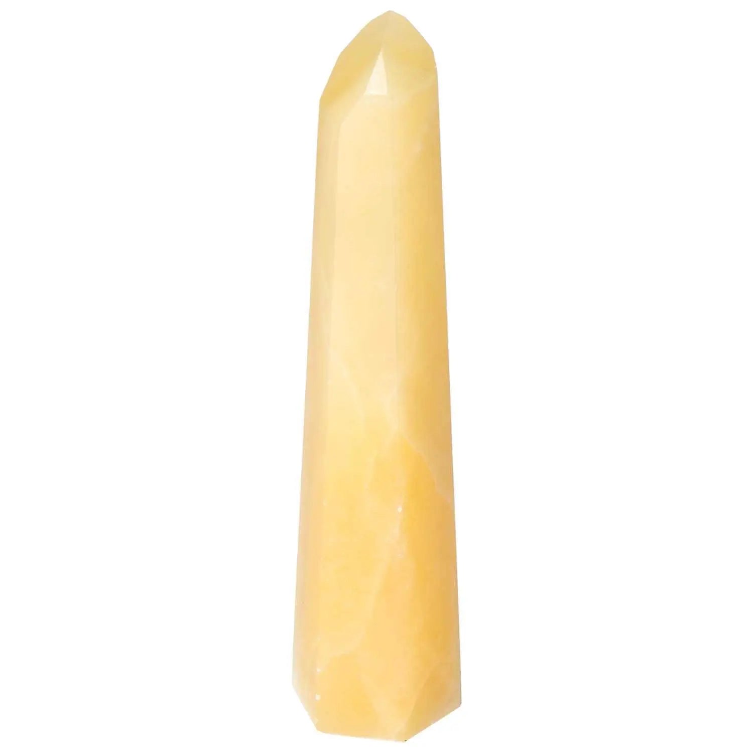 Mexican Calcite Obelisk from Sylvia Crystals, enhances self-confidence and motivation, elegant spiritual decor.