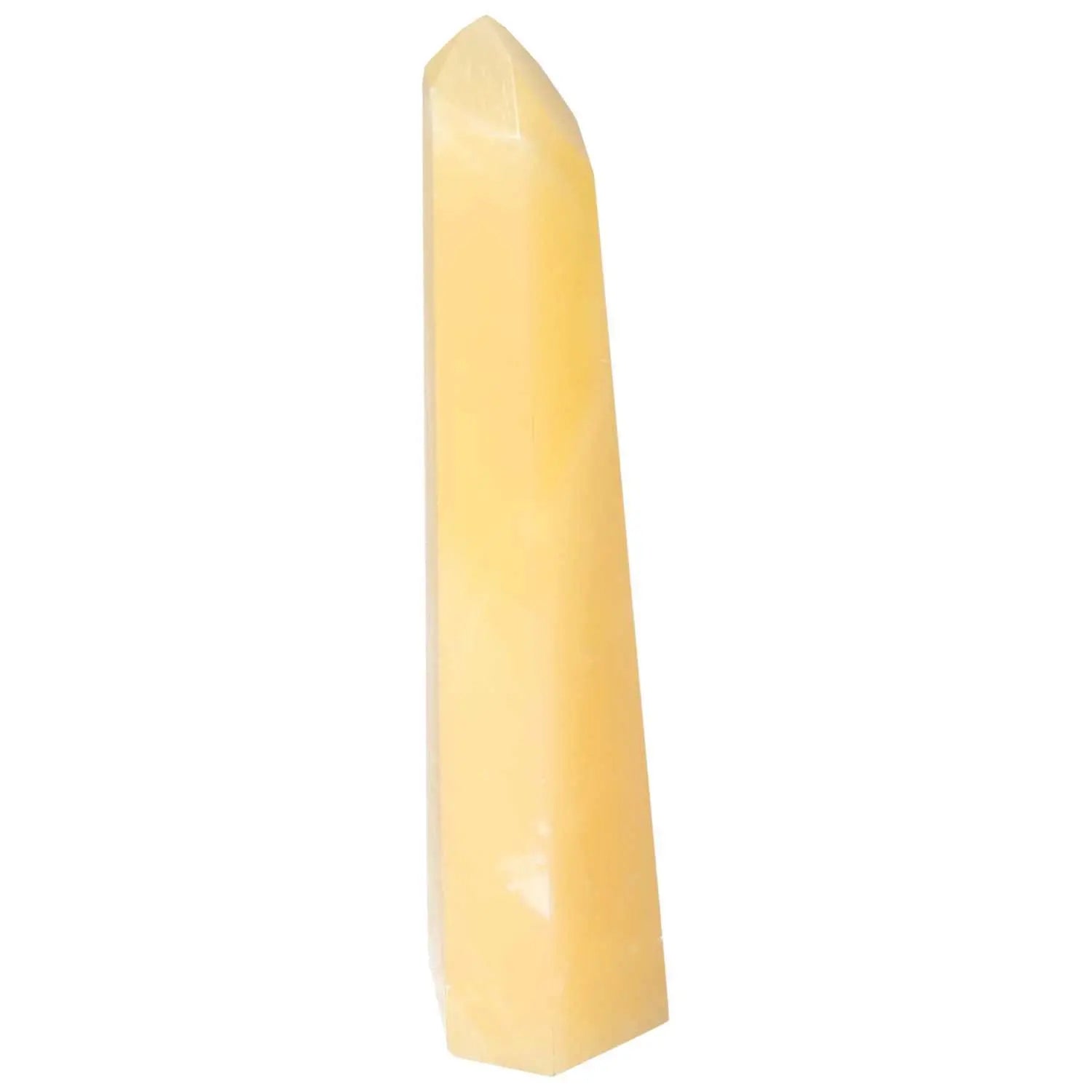 Mexican Calcite Obelisk from Sylvia Crystals showcasing elegant yellow hue, known for boosting self-confidence and motivation.