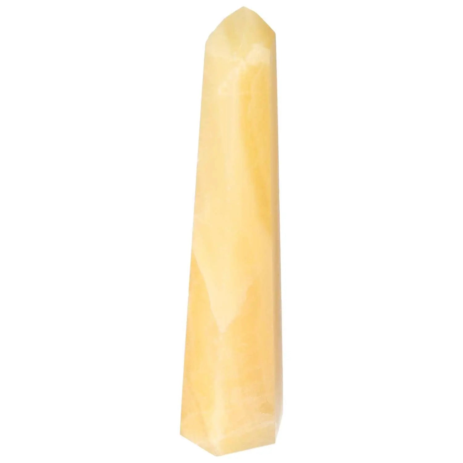 Elegant Mexican Calcite Obelisk from Sylvia Crystals, ideal for boosting self-confidence and home decor with spiritual benefits.