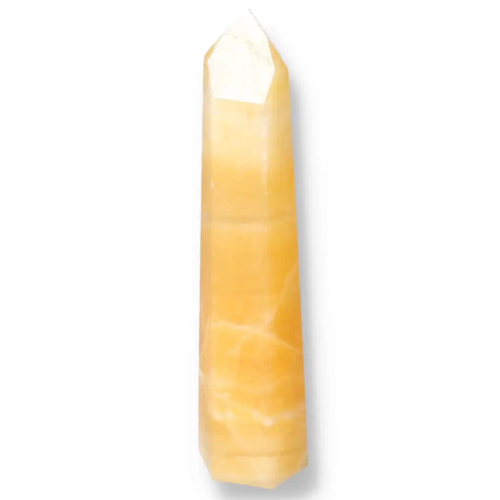 Mexican Calcite Obelisk crystal, symbol of positive energy and motivation, handpicked by Sylvia Crystals for premium quality.