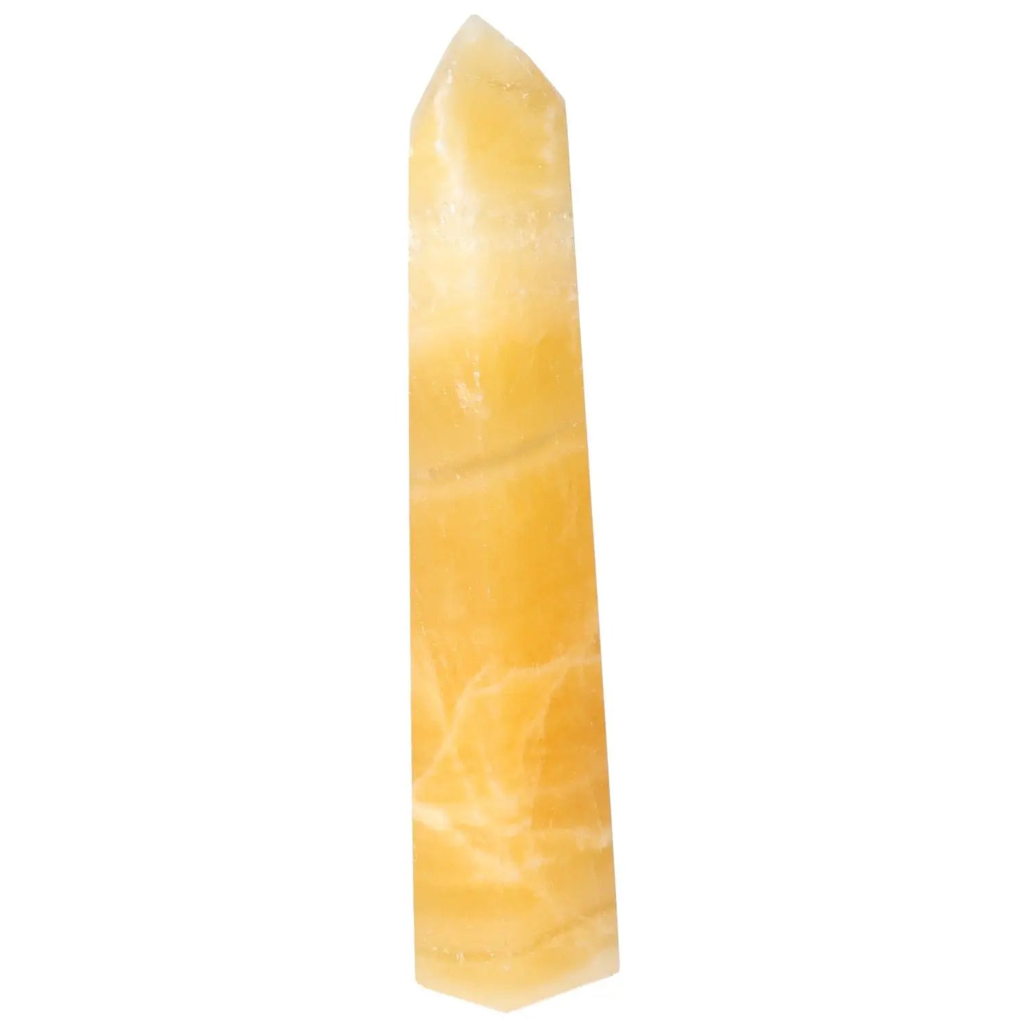 Golden Mexican Calcite Obelisk from Sylvia Crystals, symbolizing motivation and positive energy.