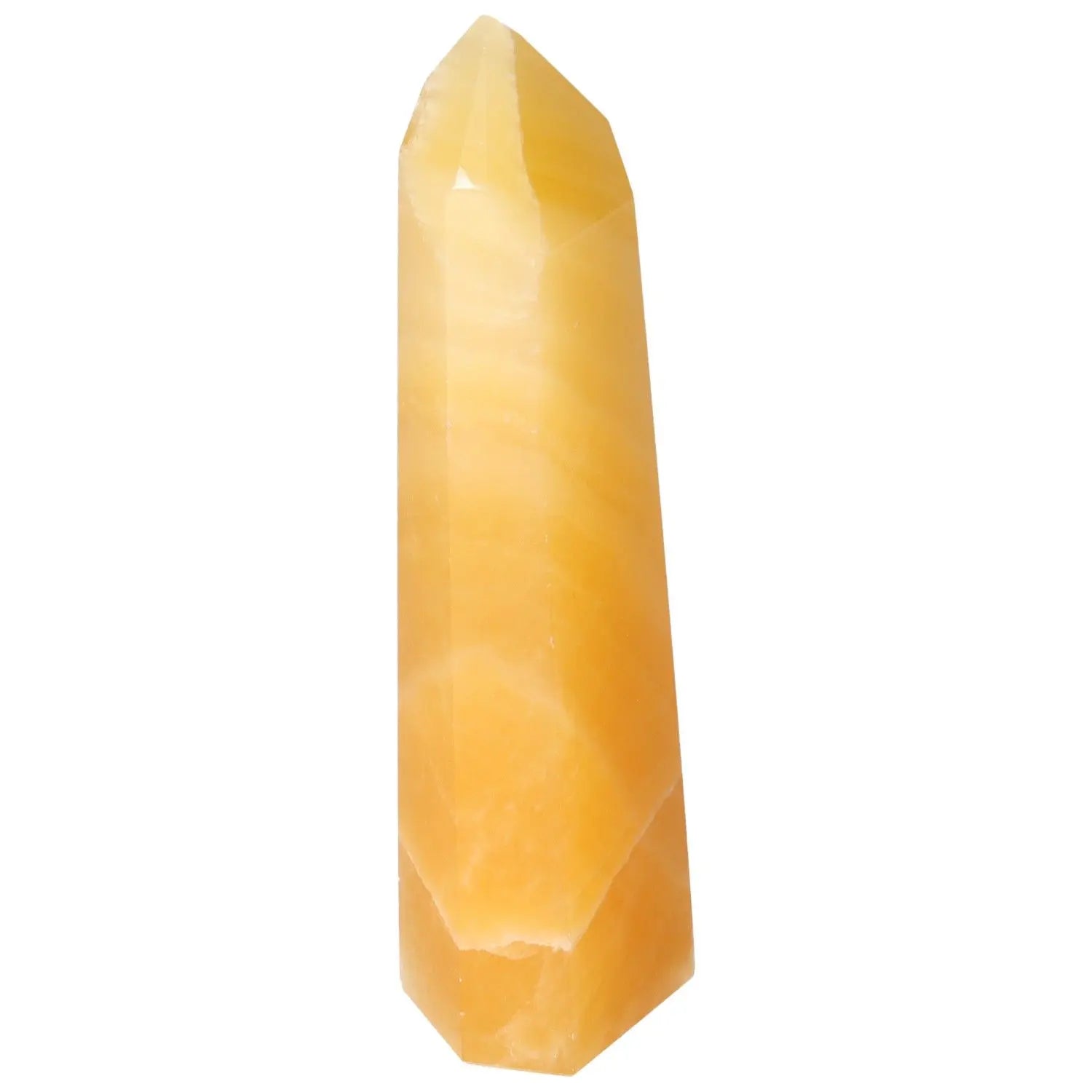 Mexican Calcite Obelisk by Sylvia Crystals, boosting energy flow, self-confidence, memory, concentration; elegant yellow centerpiece.