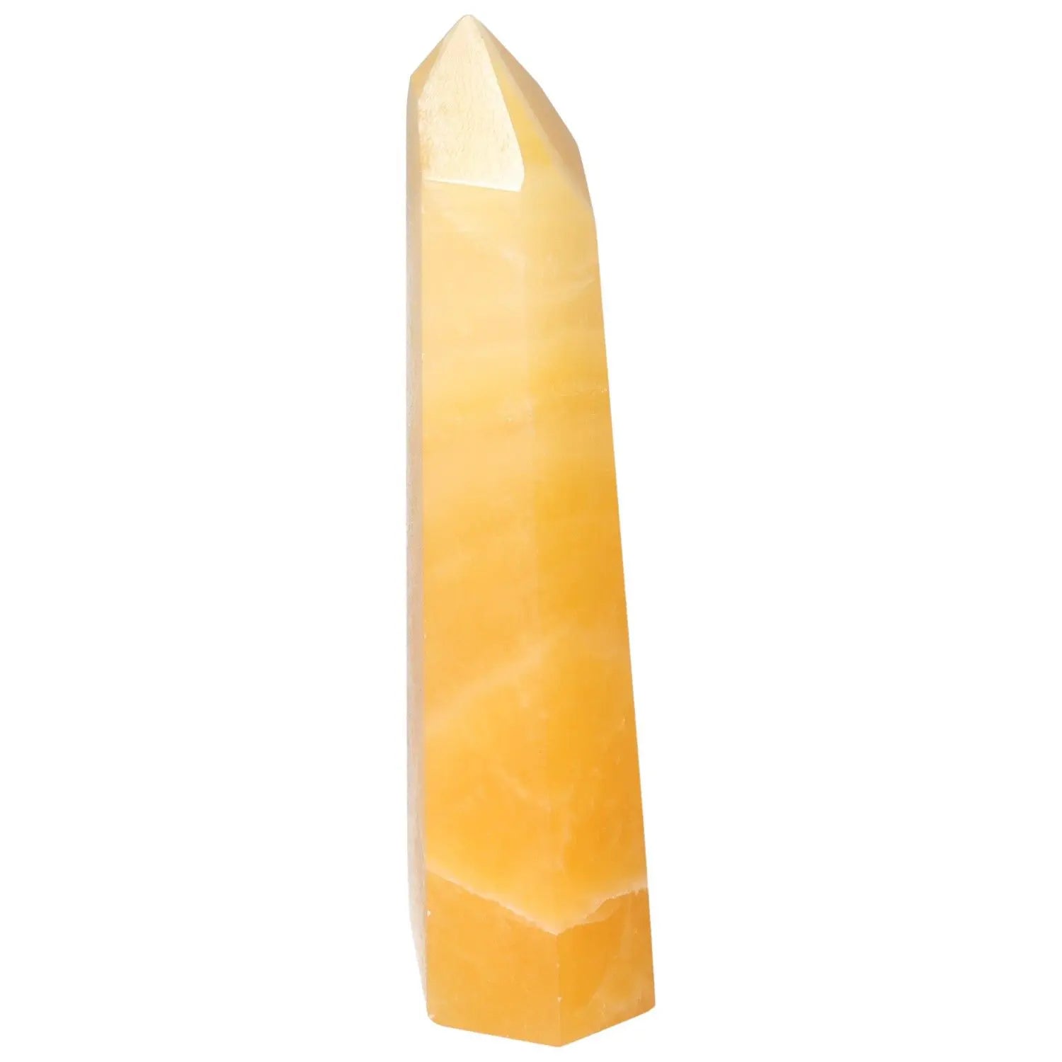 Mexican Calcite Obelisk from Sylvia Crystals, enhancing energy flow, self-confidence, and memory. Ideal for meditation and decor.