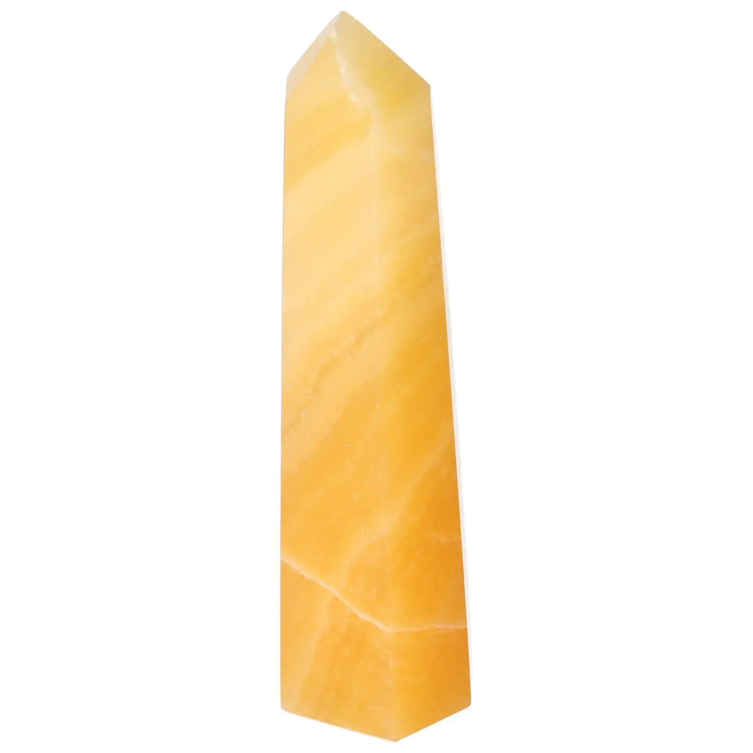 Elegant Mexican Calcite Obelisk from Sylvia Crystals, enhances energy flow, boosts concentration, memory, self-confidence, and motivation.