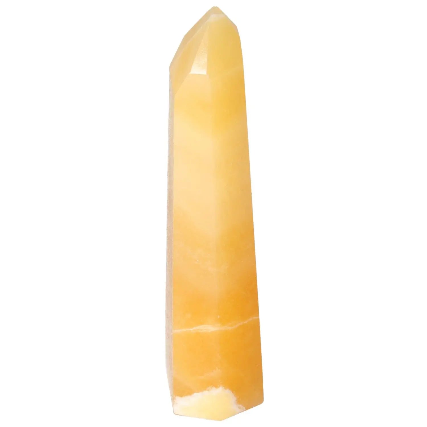 Elegant Mexican Calcite Obelisk from Sylvia Crystals, enhancing energy flow, self-confidence, and boosting concentration.
