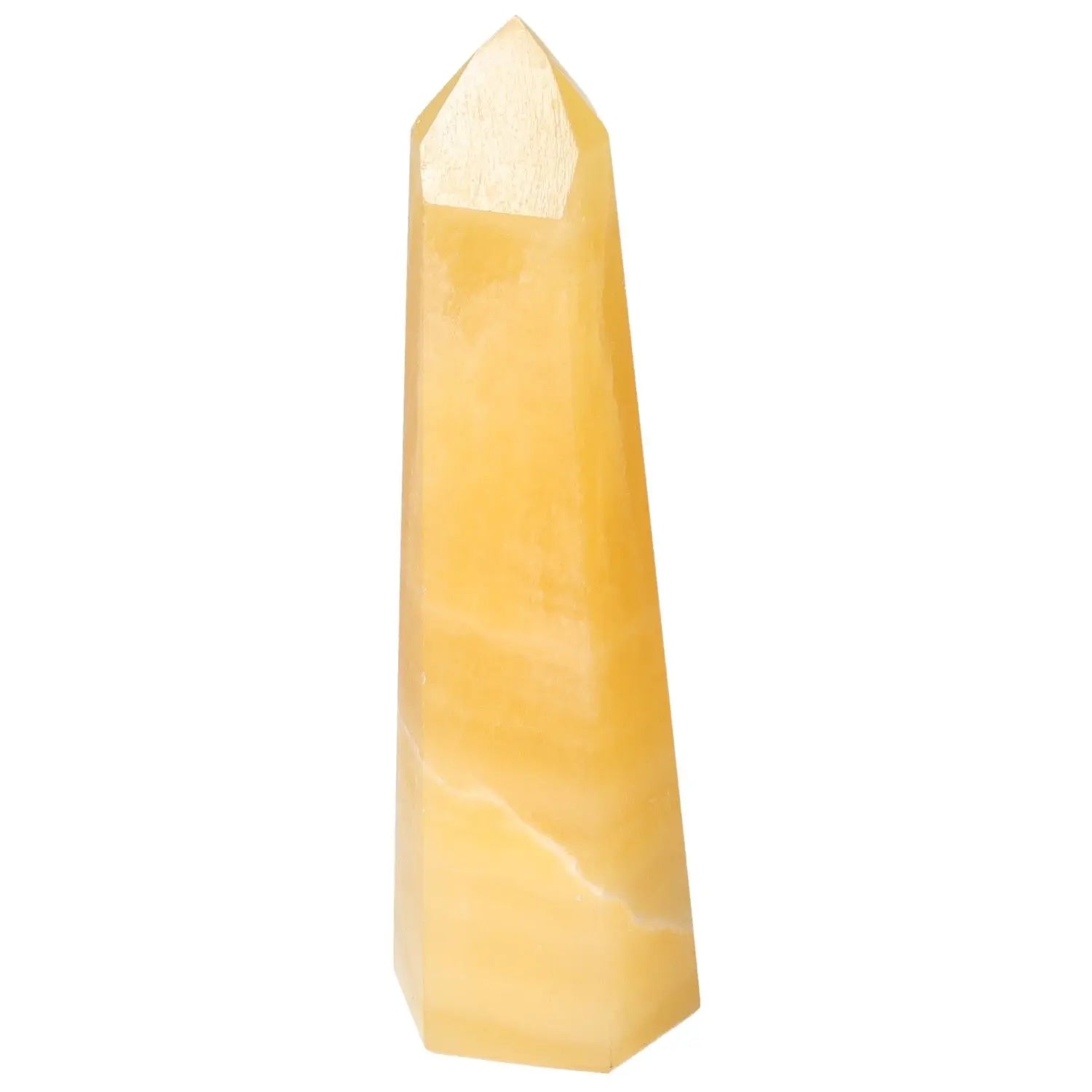 Mexican Calcite Obelisk crystal from Sylvia Crystals, symbolizing positivity and inspiration, enhances self-confidence and goal achievement.